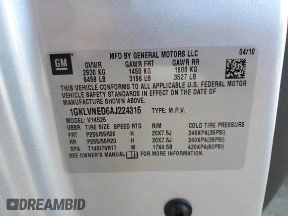 2010 GMC Acadia SLT2 with VIN 1GKLVNED6AJ224316, listed as a Copart auction lot 89063755 with 81,950 mi miles and Clean Title. Bid and sale history available at DreamBid. Image 13.