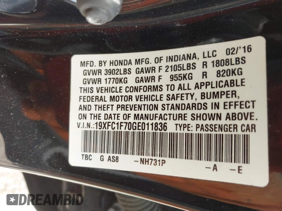 2016 Honda Civic Sedan EX-L with VIN 19XFC1F70GE011836, listed as a IAAI auction lot 41929383 with 186,497 mi miles. Bid and sale history available at carsss.com. Image 9.