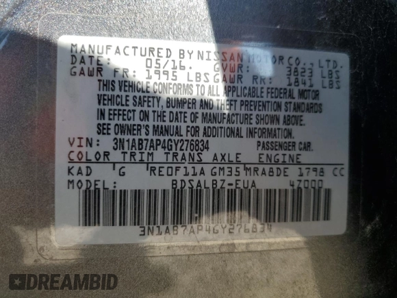 2016 Nissan Sentra SR with VIN 3N1AB7AP4GY276834, listed as a Copart auction lot 47178345 with 129,459 mi miles and Salvage Title. Bid and sale history available at DreamBid. Image 15.