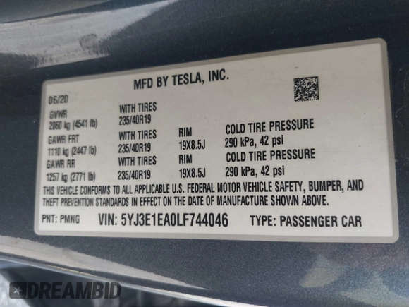 2020 Tesla Model 3 Standard Range Plus with VIN 5YJ3E1EA0LF744046, listed as a IAAI auction lot 41939894 with 102,576 mi miles. Bid and sale history available at carsss.com. Image 9.