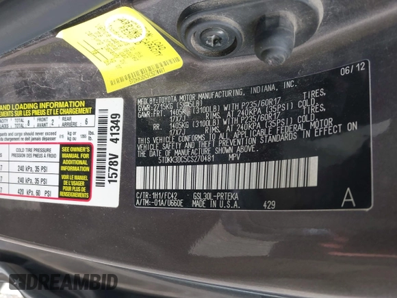 2012 Toyota Sienna LE AAS with VIN 5TDKK3DC5CS270481, listed as a IAAI auction lot 42093687 with 208,899 mi miles. Bid and sale history available at carsss.com. Image 9.