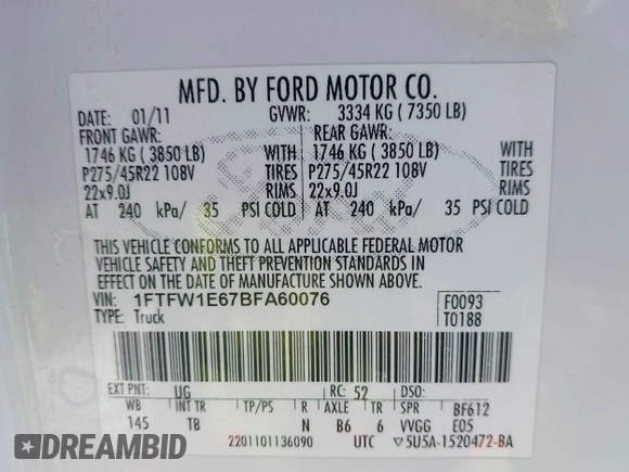 2011 Ford F-150 Lariat with VIN 1FTFW1E67BFA60076, listed as a IAAI auction lot 41526275 with 361,186 mi miles. Bid and sale history available at carsss.com. Image 9.