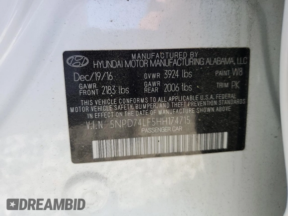 2017 Hyundai Elantra SE with VIN 5NPD74LF5HH174715, listed as a Copart auction lot 56052045 with 184,036 mi miles and Clean Title. Bid and sale history available at DreamBid. Image 12.