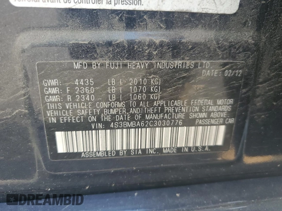 2012 Subaru Legacy 2.5i with VIN 4S3BMBA62C3030776, listed as a Copart auction lot 59345195 with 136,923 mi miles and Salvage title. Bid and sale history available at DreamBid. Image 12.