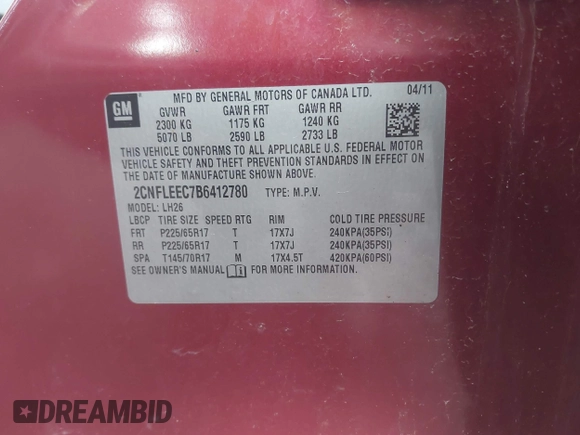 2011 Chevrolet Equinox 1LT with VIN 2CNFLEEC7B6412780, listed as a IAAI auction lot 42008907 with 157,701 mi miles and . Bid and sale history available at DreamBid. Image 9.