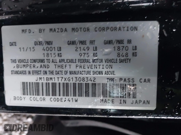 2016 Mazda 3 i Sport with VIN JM1BM1T7XG1308342, listed as a IAAI auction lot 41518407 with 194,967 mi miles and . Bid and sale history available at DreamBid. Image 9.
