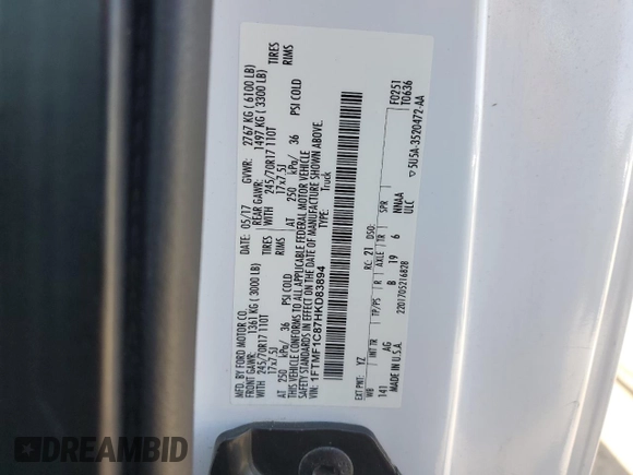 2017 Ford F-150 XL z VIN 1FTMF1C87HKD83894, wystawiony jako Copart lot #54268905 z przebiegiem 135 417 mil mil oraz Szkoda całkowita • Salvage title. Historia ofert i sprzedaży dostępna na DreamBid. Obrazek 12.