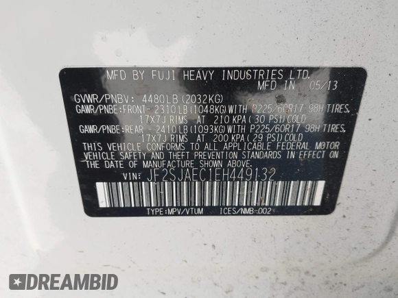 2014 Subaru Forester Premium z VIN JF2SJAEC1EH449132, wystawiony jako IAAI lot #41799339 z przebiegiem 140 591 mil mil oraz . Historia ofert i sprzedaży dostępna na DreamBid. Obrazek 9.