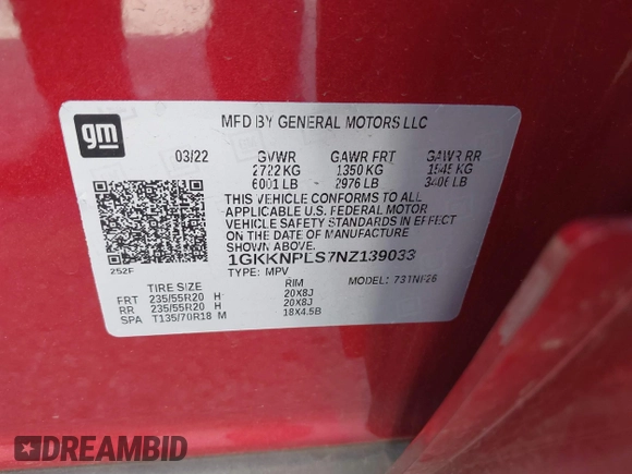 2022 GMC Acadia Denali with VIN 1GKKNPLS7NZ139033, listed as a IAAI auction lot 41486018 with 35,406 mi miles. Bid and sale history available at carsss.com. Image 9.