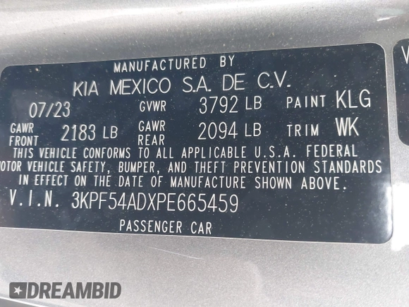 2023 Kia Forte GT-Line z VIN 3KPF54ADXPE665459, wystawiony jako IAAI lot #42102849 z przebiegiem 31 554 mil mil oraz . Historia ofert i sprzedaży dostępna na DreamBid. Obrazek 9.