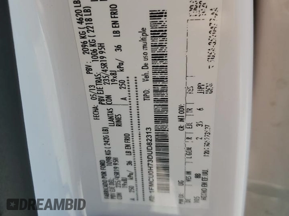2013 Ford Escape с VIN 1FMCU0H73DUD82313, выставлен на аукционе Copart как лот 48843645 с пробегом 209 075 миль миль и Списание • Salvage title. История ставок и продаж доступна на DreamBid. Изображение 12.