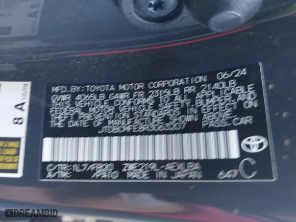 2024 Toyota Corolla Hybrid LE with VIN JTDBCMFE8R3063207, listed as a IAAI auction lot 41866040 with 15,874 mi miles. Bid and sale history available at carsss.com. Image 9.
