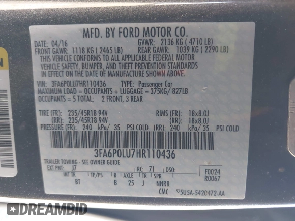 2017 Ford Fusion Hybrid SE с VIN 3FA6P0LU7HR110436, выставлен на аукционе IAAI как лот 42669395 с пробегом 104 472 миль миль и . История ставок и продаж доступна на DreamBid. Изображение 9.