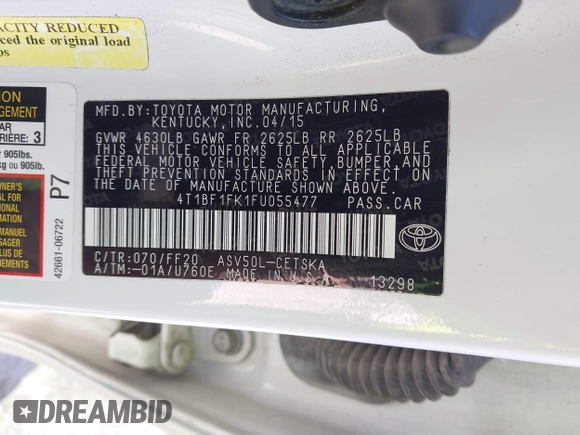 2015 Toyota Camry XLE with VIN 4T1BF1FK1FU055477, listed as a IAAI auction lot 42078518 with 233,159 mi miles and . Bid and sale history available at DreamBid. Image 9.