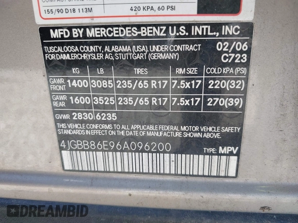 2006 Mercedes-Benz M 350 with VIN 4JGBB86E96A096200, listed as a IAAI auction lot 42108284 with 188,468 mi miles and . Bid and sale history available at DreamBid. Image 9.