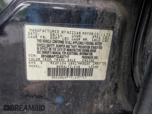 2012 Nissan Sentra SR z VIN 3N1AB6AP7CL637717, wystawiony jako Copart lot #58307055 z przebiegiem 159 833 mil mil oraz Nie do naprawy • Non repairable. Historia ofert i sprzedaży dostępna na DreamBid. Obrazek 13.