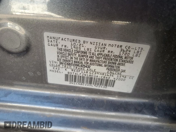 2021 Nissan Versa SV with VIN 3N1CN8EVXML925432, listed as a Copart auction lot 47978015 with Not Provided miles and Salvage Title. Bid and sale history available at carsss.com. Image 15.