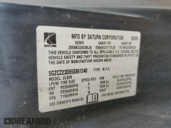 2005 Saturn VUE with VIN 5GZCZ23D65S861240, listed as a Copart auction lot 65043954 with 149,330 mi miles and Non Repairable. Bid and sale history available at DreamBid. Image 15.