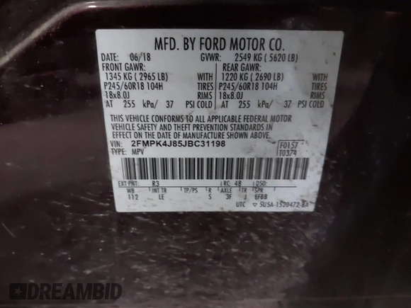 2018 Ford Edge SEL with VIN 2FMPK4J85JBC31198, listed as a IAAI auction lot 41337531 with 101,846 mi miles. Bid and sale history available at carsss.com. Image 9.