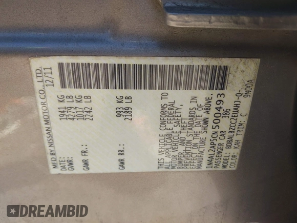 2012 Nissan Altima 2.5 with VIN 1N4AL2AP5CN500493, listed as a IAAI auction lot 41183262 with 167,653 mi miles and . Bid and sale history available at DreamBid. Image 9.