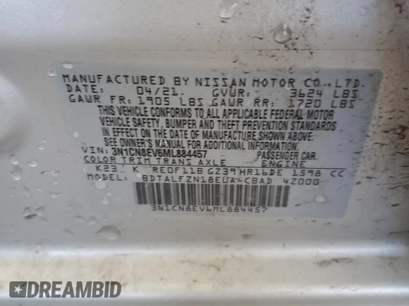 2021 Nissan Versa SV with VIN 3N1CN8EV6ML884457, listed as a Copart auction lot 52173755 with 76,714 mi miles and Clean Title. Bid and sale history available at DreamBid. Image 12.