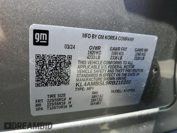 2024 Buick Encore GX Preferred с VIN KL4AMBSL9RB210202, выставлен на аукционе Copart как лот 58220735 с пробегом Не указан миль и Списание • Salvage title. История ставок и продаж доступна на DreamBid. Изображение 13.