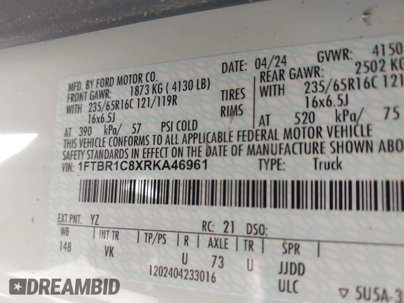 2024 Ford Transit Cargo with VIN 1FTBR1C8XRKA46961, listed as a IAAI auction lot 41823255 with 4,292 mi miles and . Bid and sale history available at DreamBid. Image 9.