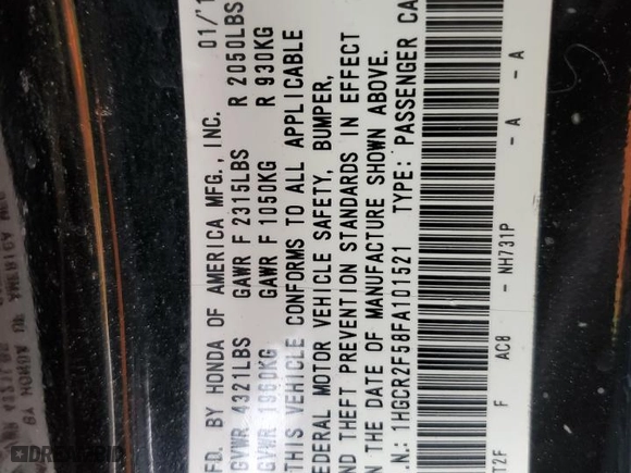 2015 Honda Accord Sedan Sport with VIN 1HGCR2F58FA101521, listed as a Copart auction lot 50740865 with 0 mi miles and Salvage Title. Bid and sale history available at carsss.com. Image 12.