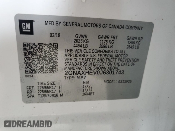 2018 Chevrolet Equinox LS with VIN 2GNAXHEV0J6301743, listed as a Copart auction lot 49280555 with Not Provided miles and Salvage Title. Bid and sale history available at DreamBid. Image 13.