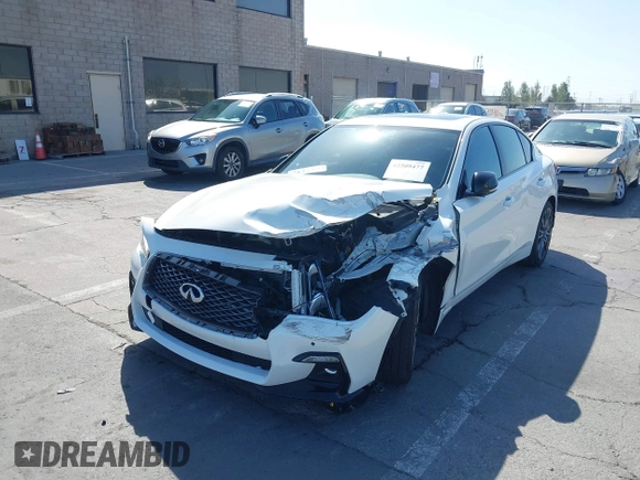 2021 Infiniti Q50 Red Sport 400 with VIN JN1FV7DR9MM880601, listed as a IAAI auction lot 42509477 with 28,202 mi miles and . Bid and sale history available at DreamBid. Image 6.