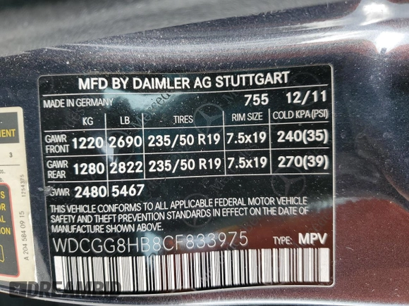 2012 Mercedes-Benz GLK GLK 350 with VIN WDCGG8HB8CF833975, listed as a Copart auction lot 51799405 with 123,795 mi miles and Salvage Title. Bid and sale history available at carsss.com. Image 13.