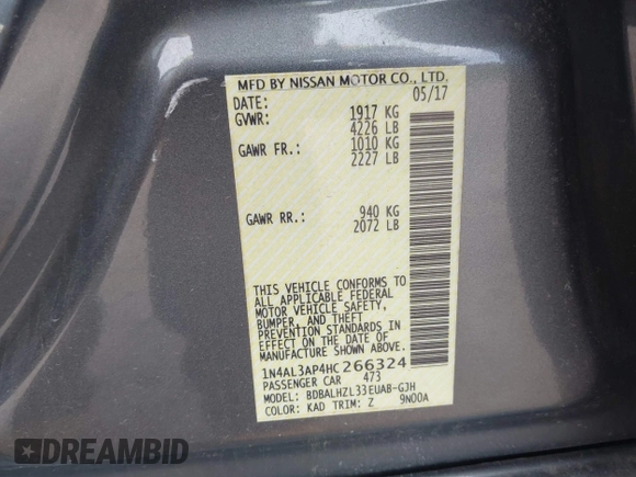 2017 Nissan Altima SV z VIN 1N4AL3AP4HC266324, wystawiony jako IAAI lot #42170025 z przebiegiem 127 595 mil mil oraz . Historia ofert i sprzedaży dostępna na DreamBid. Obrazek 9.
