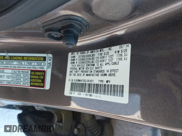2014 Honda CR-V EX-L with VIN 5J6RM4H70EL081831, listed as a IAAI auction lot 41847534 with 96,000 mi miles. Bid and sale history available at carsss.com. Image 9.