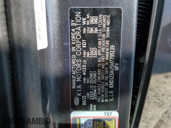 2021 Kia Soul S with VIN KNDJ23AU5M7795139, listed as a Copart auction lot 51848945 with 40,570 mi miles and Salvage Title. Bid and sale history available at DreamBid. Image 12.