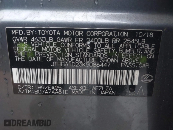2019 Lexus IS 300 with VIN JTHBA1D23K5086447, listed as a IAAI auction lot 41546195 with 69,547 mi miles and . Bid and sale history available at DreamBid. Image 9.