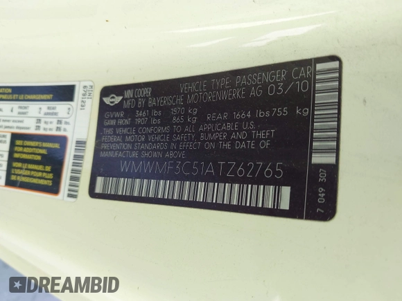 2010 MINI Hardtop with VIN WMWMF3C51ATZ62765, listed as a IAAI auction lot 42314250 with 168,345 mi miles and . Bid and sale history available at DreamBid. Image 9.