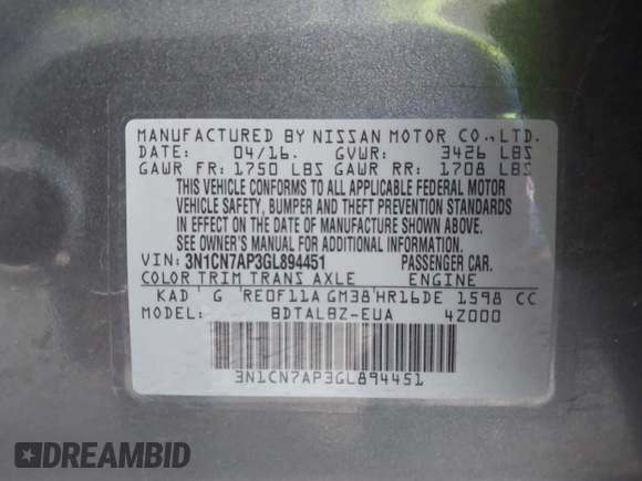 2016 Nissan Versa S с VIN 3N1CN7AP3GL894451, выставлен на аукционе IAAI как лот 41932839 с пробегом 104 048 миль миль и . История ставок и продаж доступна на DreamBid. Изображение 9.