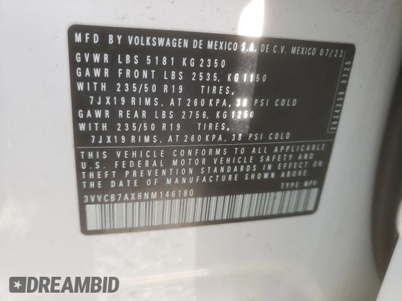 2022 Volkswagen Tiguan SE R-Line Black with VIN 3VVCB7AX8NM146180, listed as a Copart auction lot 51308985 with 49,198 mi miles and Salvage title. Bid and sale history available at DreamBid. Image 16.