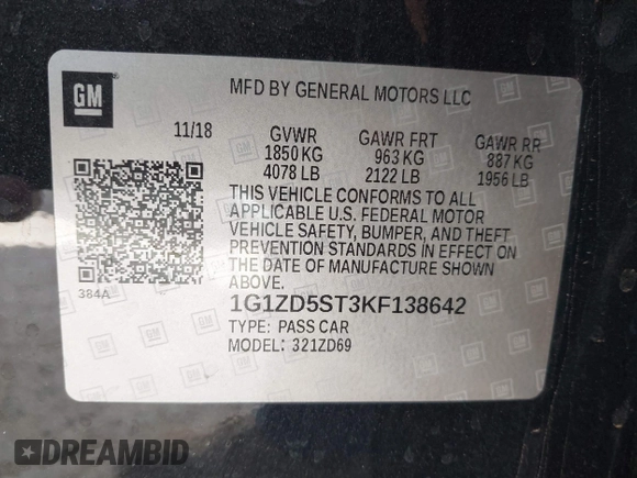 2019 Chevrolet Malibu LT with VIN 1G1ZD5ST3KF138642, listed as a IAAI auction lot 41771788 with 157,216 mi miles and . Bid and sale history available at DreamBid. Image 9.