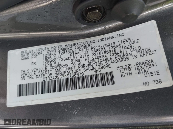 2004 Toyota Sienna CE with VIN 5TDZA23C74S150079, listed as a IAAI auction lot 42162326 with 270,795 mi miles and . Bid and sale history available at DreamBid. Image 9.