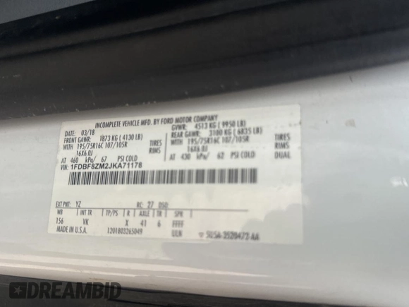 2018 Ford Transit with VIN 1FDBF8ZM2JKA71178, listed as a Copart auction lot 86913204 with 109,170 mi miles and Clean Title. Bid and sale history available at DreamBid. Image 10.
