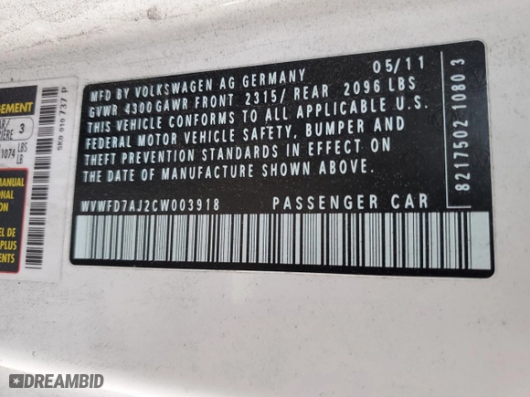 2012 Volkswagen GTI Autobahn PZEV with VIN WVWFD7AJ2CW003918, listed as a Copart auction lot 84651814 with NaN miles and Salvage Title. Bid and sale history available at carsss.com. Image 14.