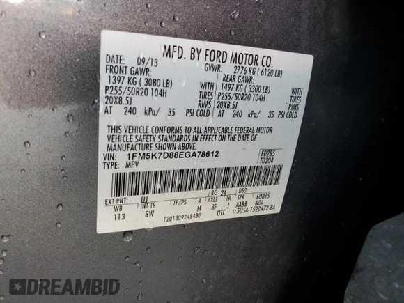 2014 Ford Explorer XLT с VIN 1FM5K7D88EGA78612, выставлен на аукционе Copart как лот 59036465 с пробегом Не указан миль и Списание • Salvage title. История ставок и продаж доступна на DreamBid. Изображение 13.