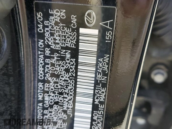 2005 Lexus ES 330 with VIN JTHBA30G355123434, listed as a Copart auction lot 46282485 with 0 mi miles and Salvage Title. Bid and sale history available at carsss.com. Image 14.