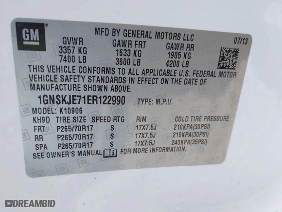 2014 Chevrolet Suburban LT with VIN 1GNSKJE71ER122990, listed as a IAAI auction lot 41674176 with NaN miles. Bid and sale history available at carsss.com. Image 9.