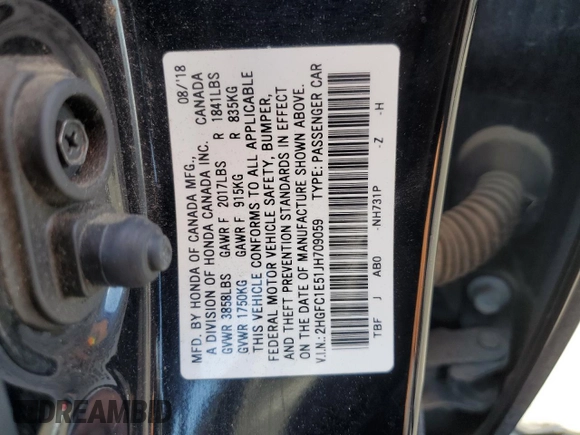 2018 Honda Civic Si with VIN 2HGFC1E51JH709059, listed as a Copart auction lot 52453615 with 90,917 mi miles and Salvage Title. Bid and sale history available at DreamBid. Image 12.