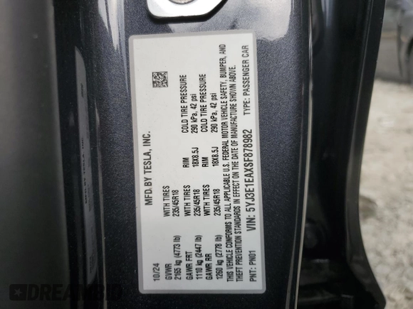 2025 Tesla Model 3 Long Range with VIN 5YJ3E1EAXSF878982, listed as a Copart auction lot 60302315 with 4,312 mi miles and Salvage title. Bid and sale history available at DreamBid. Image 12.