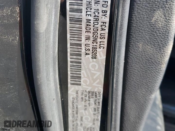 2022 Dodge Durango GT Plus with VIN 1C4RDJDG5NC185208, listed as a Copart auction lot 54416785 with 22,781 mi miles and Salvage title. Bid and sale history available at DreamBid. Image 14.