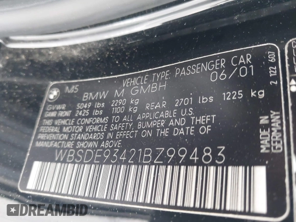 2001 BMW M5 z VIN WBSDE93421BZ99483, wystawiony jako IAAI lot #41892842 z przebiegiem 134 689 mil mil oraz . Historia ofert i sprzedaży dostępna na DreamBid. Obrazek 9.
