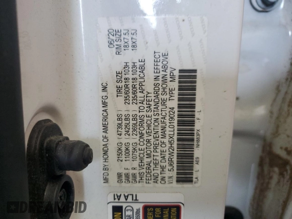 2020 Honda CR-V EX with VIN 5J6RW2H5XLL019024, listed as a Copart auction lot 45928875 with Not provided miles and Salvage title. Bid and sale history available at DreamBid. Image 14.